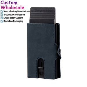 Dropshipping Custom Genuine Real Leather <b>Metal</b> Smart Card Holder Rfid Secure Pop up Business <b>Wallet</b> With Money Strap and Zipper - Product Image 1