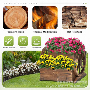 Chariot à fleurs en bois massif pour jardin extérieur, cour, balcon, design rustique, sur pieds, à deux niveaux, avec roulettes - Product Image 4
