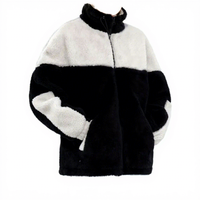 Veste Teddy Oversize Noire Crème pour Femme en Polaire Haute Densité et Fausse Fourrure en Polyester, Col Montant, Fermeture Éclair Intégrale, Colorblock, Fabrication Personnalisée