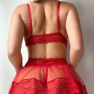 Conjunto de Lencería de Encaje Rojo con Lazo, Falda Transparente Tipo Babydoll con Medias, Atuendo <span class=keywords><strong>Sexy</strong></span> de Navidad para Mujer, Venta al por Mayor - Product Image 3
