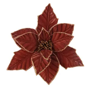 Новое поступление товара 03180 Рождественский цветок стебель украшения бархатная ткань poinsettia с блестящими краями Рождественские цветы
