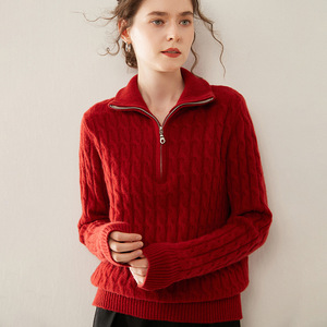 Kaschmirwolle Damen Strick hemd Ganzkörper-Kabels trick Einfach Vielseitig Half-Zip Turn-Down-Kragen Loose Fit Soft - Product Image 2