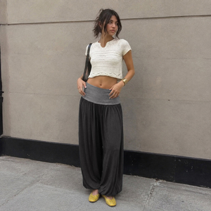 Pantalon décontracté américain colorblock à taille large drapé et fuselé pour femme, coupe ample flatteuse, jambe large, style jogger long - Product Image 5