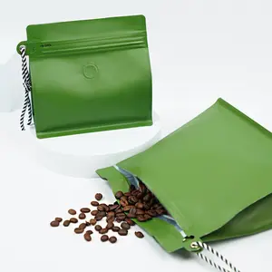 Sacos de café com fundo plano e vedação de oito lados Ziplock, saco de alumínio para embalagem de alimentos com válvula, saco de alumínio brilhante e reutilizável