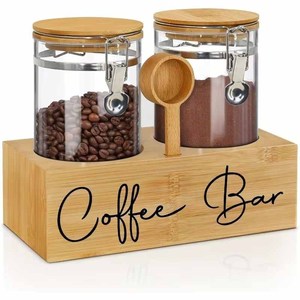 2Pcs Buckle Sealed Glass <b>Storage</b> Jars with <b>Wooden</b> <b>Rack</b> & <b>Wooden</b> Spoon, Countertop Coffee Tea Container Display Organizer Set - Product Image 1