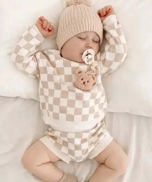 Fall Winter Babe Knit Clothes Organic Cotton Sweater Checker Jumper Bloomers Knit Set for Baby