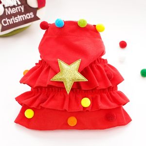 Disfraz de árbol de Navidad para mascotas, capa roja con capucha y sombrero de estrella, ajustable para perros y gatos, traje navideño de algodón - Product Image 3