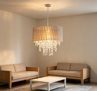 Luminaire suspendu en cristal de style transitionnel de luxe avec abat-jour en tissu transparent taupe