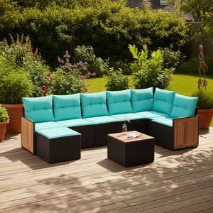 D0100X3ZXD6 Ensemble de canapés de patio en polyrotin noir, 8 pièces, avec coussins, meubles d'extérieur élégants - Product Image 2