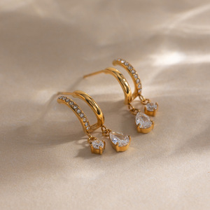 Drop Earrings Gold Plated Zircon Water Drop Shape Party Jewelry Stainless Steel Ear <b>Posts</b> Claw Setting Geometric Design - Product Image 5