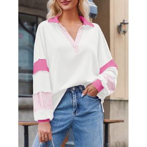 Sudadera Oversize de Bloques de Color para Mujer, Cuello Polo en V, Manga Larga, Casual, Holgada, Tejida Transpirable para Primavera - Product Image 4
