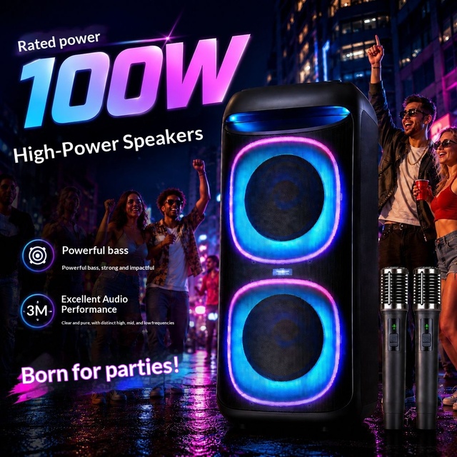 Outdoor Rolling Party Speaker 100W Dual 8 Inch  with 2 Wireless Mics RGB LED FM USB TF AUX Bass Boost EQ