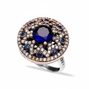 Sapphire Zircon Stone Round Shape Ottoman Style Jewelry Ethnic Wholesale Handcrafted Authentic Silver <b>Ring</b> - Product Image 2