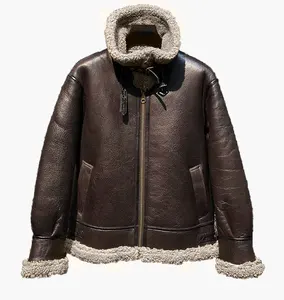 Mens Black Bomber Winter Warm Genuine Sheepskin Faux Fur Lined