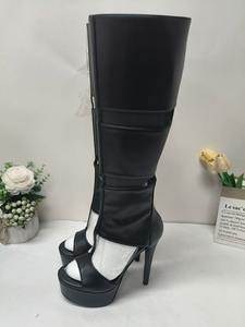 Botas de moda para mujer con plataforma y tacón de aguja, estilo gladiador, con punta abierta y recortes, hasta la rodilla - Product Image 4