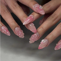 Faux ongles à presser en gel souple, marque privée, courts, forme amande, motif fleur bleue, faits à la main