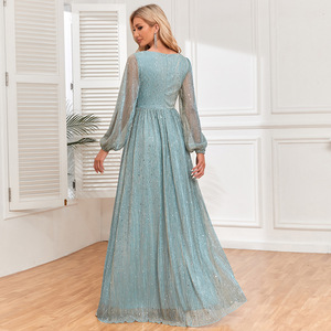 Nuova donna europea e americana Glitter arricciata <span class=keywords><strong>in</strong></span> <span class=keywords><strong>Tulle</strong></span> manica lunga <span class=keywords><strong>con</strong></span> scollo a trapezio completo elegante <span class=keywords><strong>abito</strong></span> Maxi da sera - Product Image 3