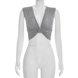 Viviblook C26TP090 Top Corto de Verano para Mujer, Sexy, Casual, Color Sólido, Corte Ajustado, Escote en V Profundo, con Nudo, para Damas - Product Image 4