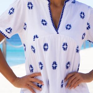 Vestido de Lino y Algodón Bordado Personalizado, Elegante, Cuello en V, Casual, Corte en A, Manga Corta, Midi, Vestido de Verano para Mujer - Product Image 3