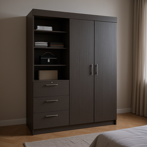 Armadio Kenya a 3 cassetti e doppia anta in rovere fumé con 3 ripiani, mobile per camera da letto - Product Image 2