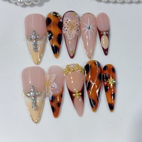 Faux ongles à presser Stiletto faits main, vente en gros, motifs Nude, Léopard, Croix dorée, Fleur 3D, 10 pièces, capsules d'ongles à couverture complète pour pose rapide