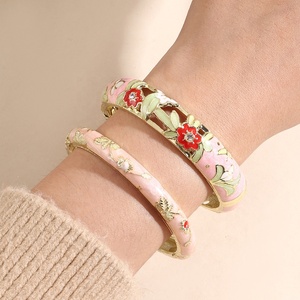Factory Wholesale New Chinese Style Travel Gift Color Drop Spring Open <b>Bracelet</b> Peony Cloisonne Ladies Vintage Enamel Bangles - Product Image 1
