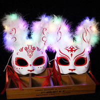 Masque de lapin à plumes à LED Masque de renard de style ancien japonais Babbit pour Halloween Masquerade Costume Carnaval Party Cosplay