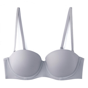 SUHE Women's Seamless Half Cup Bra Glossy Soft Steel Ring <b>Small</b> <b>Chest</b> Push Strapless Non-Slip Underwear Nylon Fabric Rear Double - Product Image 4