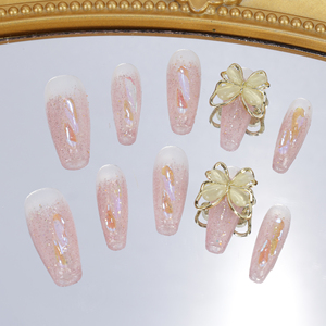 Faux ongles à presser faits main en acrylique de luxe, forme cercueil courte, rose, couvrance totale, avec strass étoiles, prix usine en gros - Product Image 3