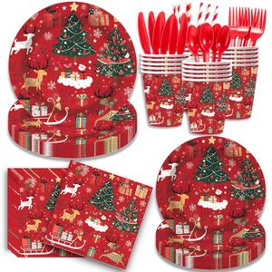<b>Christmas</b> Disposable Tableware Set Paper & Plastic <b>Plates</b> Napkins Cups Straws Cutlery Red Holiday Design Party Supplies - Product Image 1