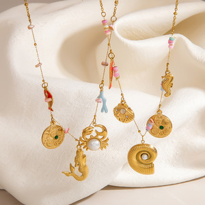 Collar de acero inoxidable con colgante de pez, concha y sirena, chapado en oro de 18 quilates, cadena para clavícula, para mujer, regalo, joyería. - Product Image 2