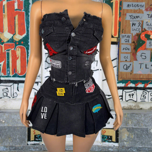 GX8656 Mode Kleidung Verkäufer Frauen Sexy Street Wear Denim Tube Tops und A-Linie Jeans Minirock 2-teiliges Set - Product Image 1