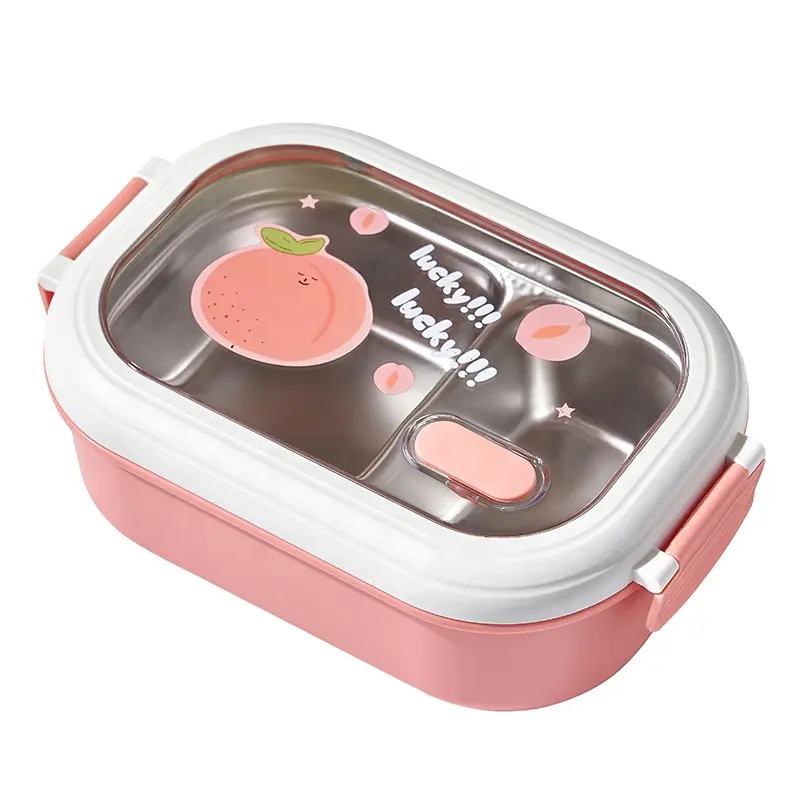 PP/ Stainless steel student bento box lunch Fruit pattern food grade lunch box with cutlery