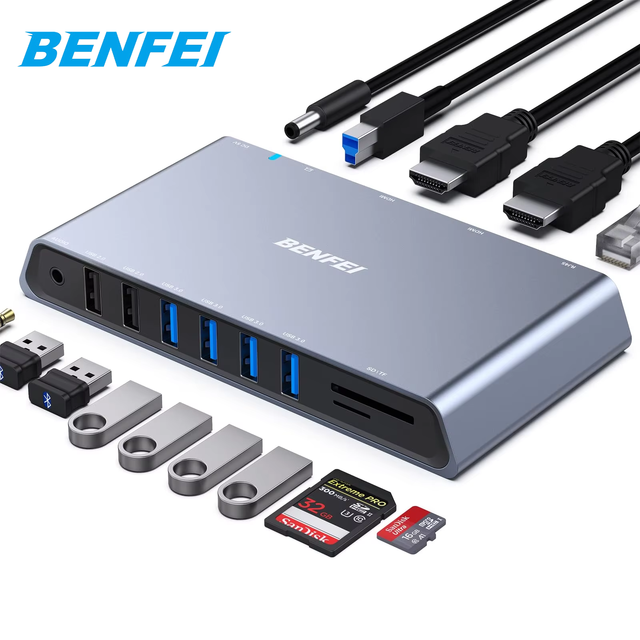 BENFEI 12-in-1 USB-A/USB-C Aluminum Housing Docking Station for Laptop Dual for 6 USB Ports SD/TF Card Reader Gigabit Ethernet