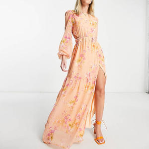 Maxi abito primavera da donna girocollo con <span class=keywords><strong>maniche</strong></span> <span class=keywords><strong>a</strong></span> <span class=keywords><strong>palloncino</strong></span> con spacco floreale in crêpe stile pesca - Product Image 6