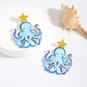 Pendientes Colgantes de Acrílico con Forma de <span class=keywords><strong>Pulpo</strong></span> Azul de Dibujos Animados y Estrella Dorada - Divertidos Pendientes de Animales Marinos para Mujer, Joyería de Playa - Product Image 3