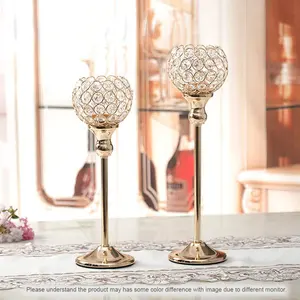 Gold Crystal Candle Holders Set of 2 Pillar Candlesticks for Table Centerpieces Christmas Home Decor Wedding Party