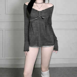 Camiseta de manga larga con diseño de lazo en un solo hombro, estilo dulce y femenino, pura y seductora, fácil de combinar, estilo línea A. - Product Image 5