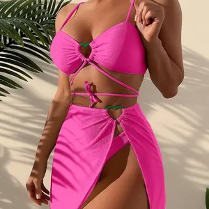 2023 Fábrica Custom Hot Sale 3 pcs biquíni set high cut saia biquíni New sexy maiô de 3 peças com cover up