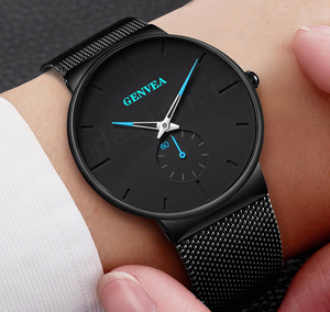 Geneva นาฬิกาผู้ชายสไตล์มินิมอลสายสเตนเลสตาข่ายแบบบางพิเศษสีฟ้า - Product Image 6