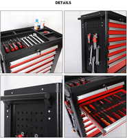 Chariot à outils rouge et noir avec plateau de rangement supérieur, chariot à outils en acier à 7 tiroirs avec roues pour mécaniciens et bricolage à domicile