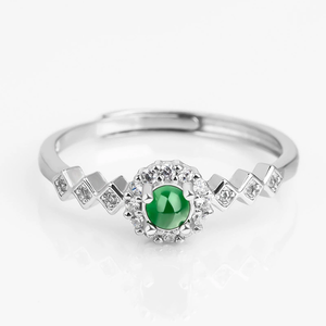 S925 <b>silver</b> <b>ring</b> <b>set</b> with natural A-grade jadeite of yonglv ice type. Fashion men's <b>ring</b>, women's style, adjustable design - Product Image 3