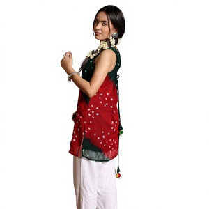 Women's Red Green <b>Tie</b> <b>Dye</b> Chiffon Sleeveless Top Tassel Detail Traditional Style Knee-Length Lightweight Kurta <b>Set</b> Spring Summer - Product Image 4