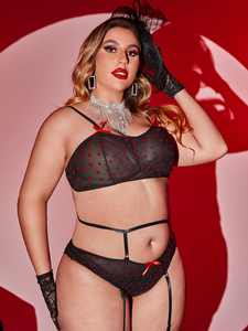 Ensemble soutien-gorge et <span class=keywords><strong>porte</strong></span>-jarretelles, Lingerie en dentelle, <span class=keywords><strong>rouge</strong></span>, nœuds papillon, <span class=keywords><strong>grande</strong></span> <span class=keywords><strong>taille</strong></span>, 3 pièces, avec ceinture - Product Image 5