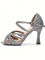 Chaussures de danse latine personnalisées en strass argentés pour femmes, à bout ouvert, semelle souple en daim, talons hauts, salsa, tango, danse de salon