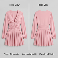 Robe d'été mini froncée pour femme, col en V profond, manches longues, unie, plissée, coupe patineuse, sexy, tendance, fabrication OEM ODM
