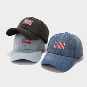 Wholesale Cotton Common Vintage 6-<b>Panel</b> <b>Light</b> Blue Denim Baseball Cap Sublimation Embossed Printing American Embroidery USA Flag - Product Image 2