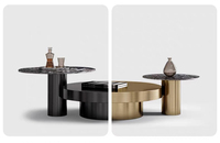 Table Basse Ronde en Verre et Marbre, Design Italien de Luxe, Base Métallique Ondulée Noire et Dorée, Forme Irrégulière, Ensemble de Tables d'Appoint – Offre Spéciale