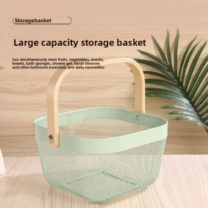 Modern Portable Rectangle Metal Wire Multifunctional Hollow <b>Storage</b> Organizer <b>Basket</b> with Wood Handle for Fruit <b>Vegetable</b> - Product Image 3