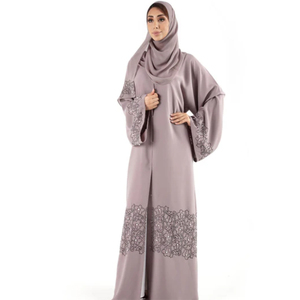 LEDUO Elegant Modest Dubai-Style Embroidered <b>Satin</b> Custom Design Abaya with Pearls & <b>Hijab</b> for Everyday Wear - Product Image 1